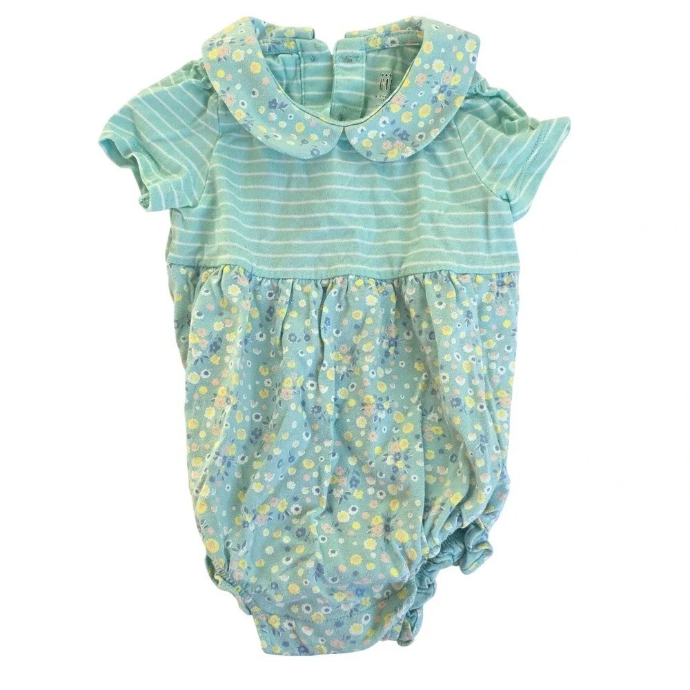 Baby Girls Gap Striped Floral Peter Pan Collar Bubble Romper‎
